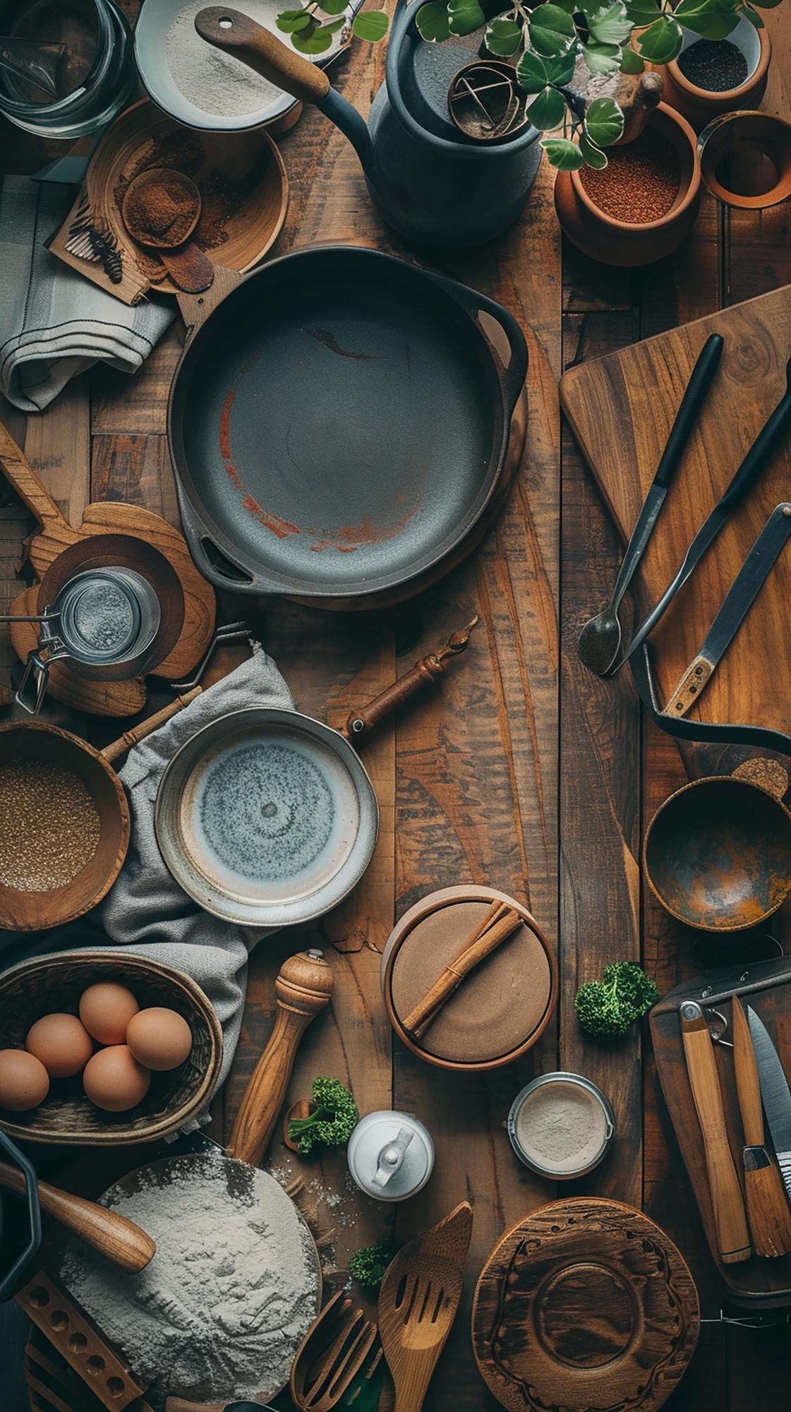 Banco di lavoro con strumenti e ingredienti selezionati