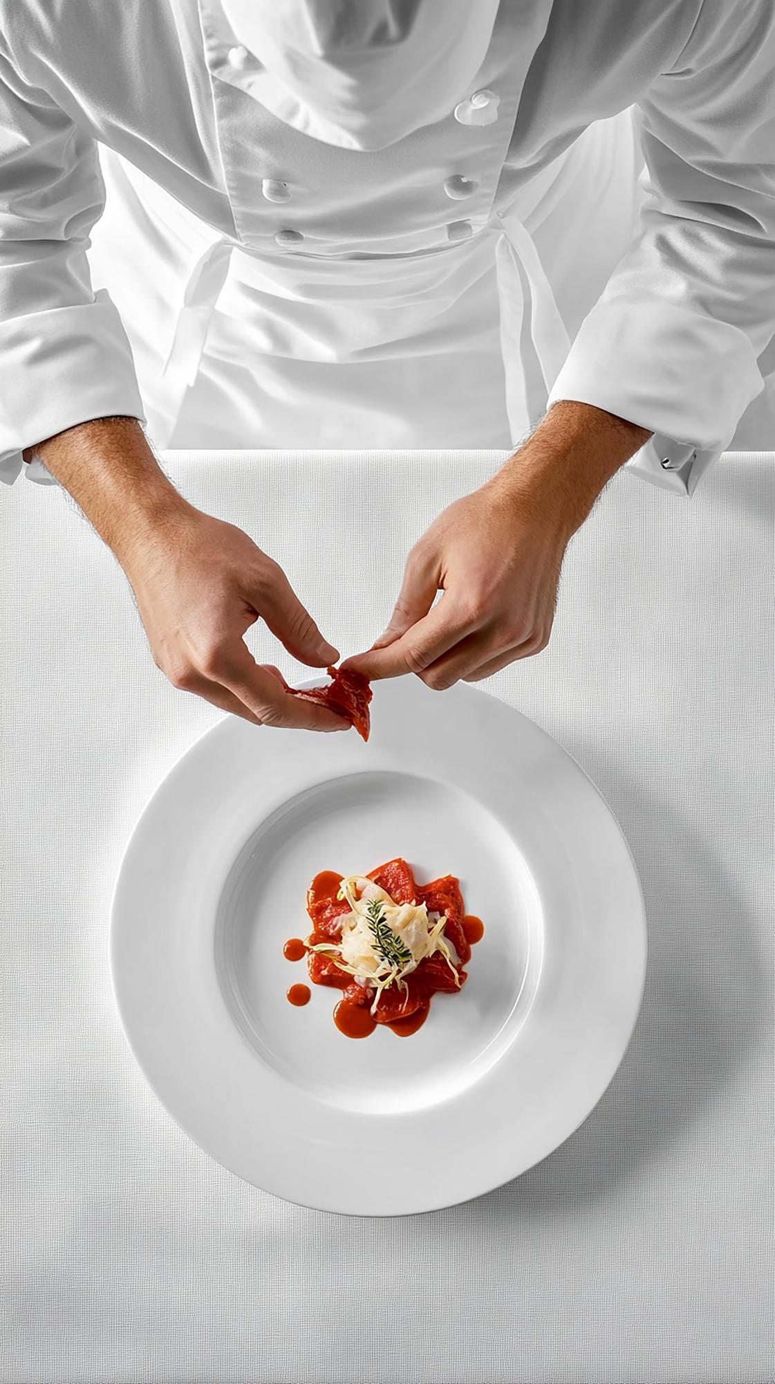Chef mentre rifinisce un piatto in laboratorio